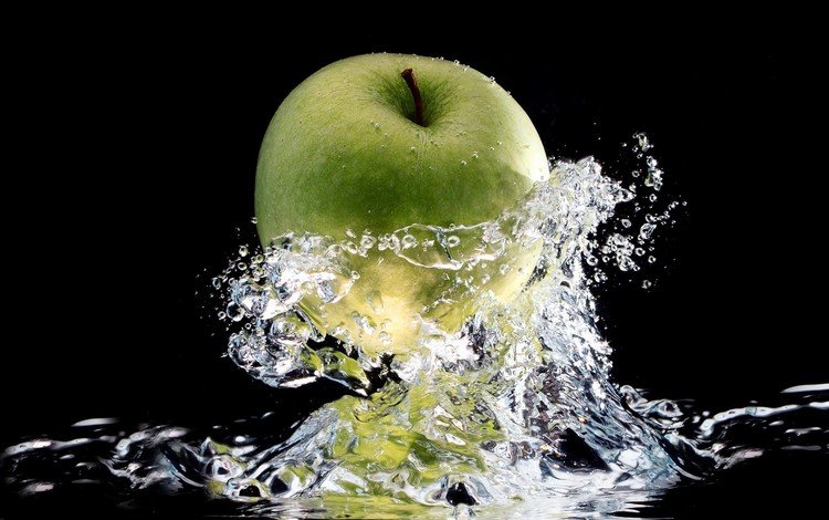 вода, капли, фрукты, брызги, черный фон, яблоко, брызки, water, drops, fruit, squirt, black background, apple, the bryzkami