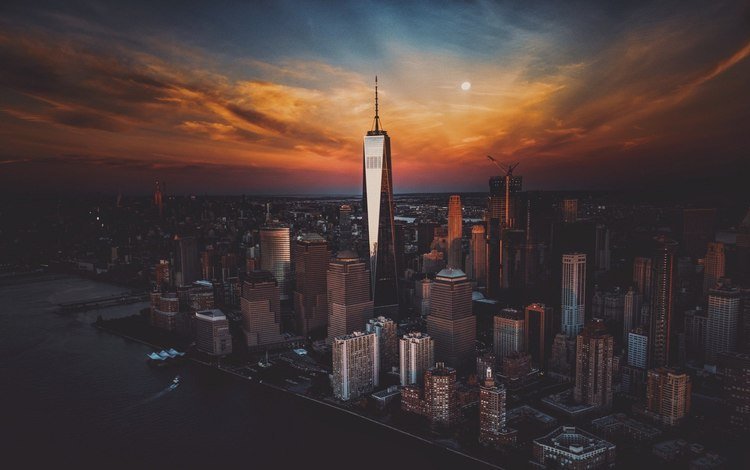 вечер, закат, город, небоскребы, сша, нью-йорк, the evening, sunset, the city, skyscrapers, usa, new york