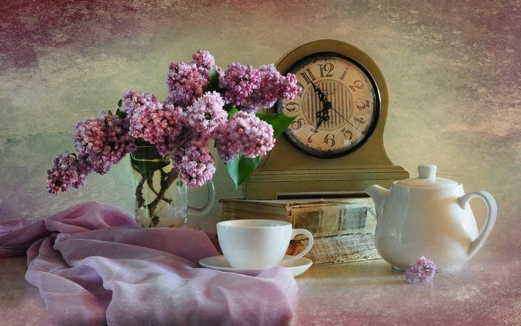 часы, букет, чашка, чай, книга, сирень, натюрморт, watch, bouquet, cup, tea, book, lilac, still life