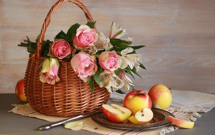 цветы, розы, фрукты, яблоки, корзина, нож, тарелка, альстромерия, flowers, roses, fruit, apples, basket, knife, plate, alstroemeria