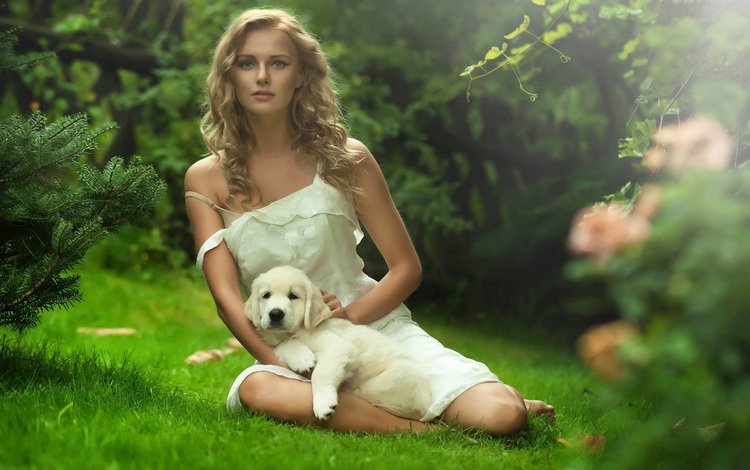 лес, девушка, платье, блондинка, взгляд, щенок, пес, прическа, forest, girl, dress, blonde, look, puppy, dog, hairstyle