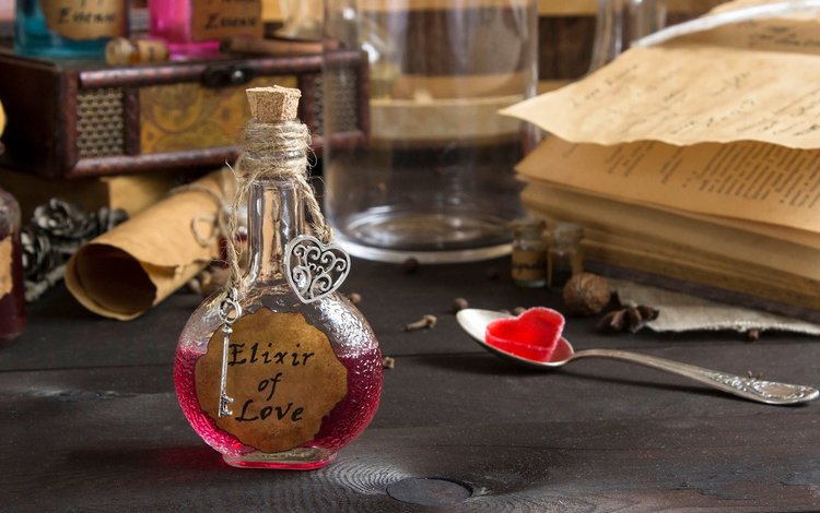 сердечко, любовное зелье, жидкость, книга, мармелад, ложка, бутылочка, флакон, зелье, эликсир, elixir, heart, love potion, liquid, book, marmalade, spoon, bottle, potion