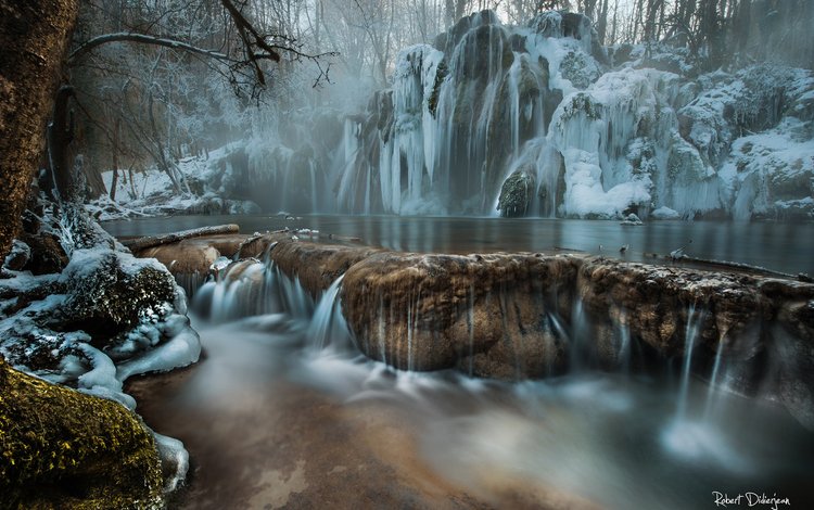 река, robert didierjean, замерзший водопад, скалы, природа, лес, водопад, иней, сосульки, заморозки, river, rocks, nature, forest, waterfall, frost, icicles, freezing
