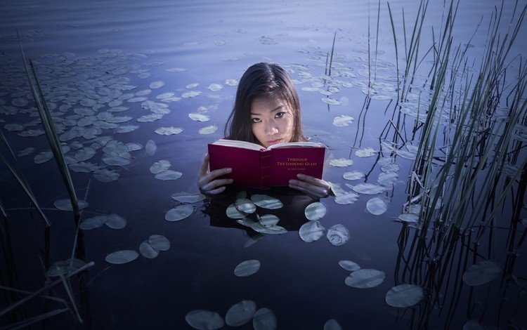 озеро, природа, девушка, настроение, взгляд, книга, азиатка, lake, nature, girl, mood, look, book, asian