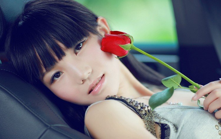 девушка, настроение, цветок, роза, взгляд, волосы, лицо, азиатка, girl, mood, flower, rose, look, hair, face, asian