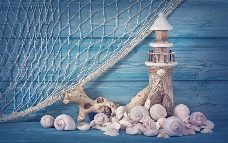 маяк, ракушки, сеть, композиция, сувенир, lighthouse, shell, network, composition, souvenir