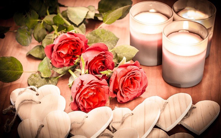 цветы, свечи, розы, сердечки, день святого валентина, композиция, валентинки, flowers, candles, roses, hearts, valentine's day, composition, valentines