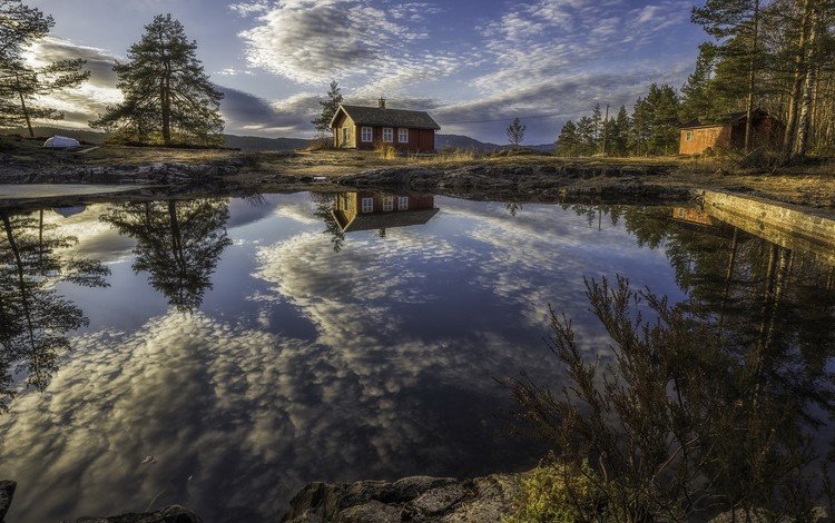 облака, деревья, озеро, отражение, дома, дом, норвегия, рингерике, clouds, trees, lake, reflection, home, house, norway, ringerike