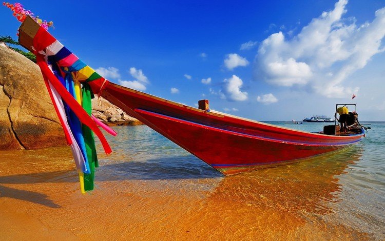 небо, берег, море, песок, лето, лодка, таиланд, тропики, the sky, shore, sea, sand, summer, boat, thailand, tropics