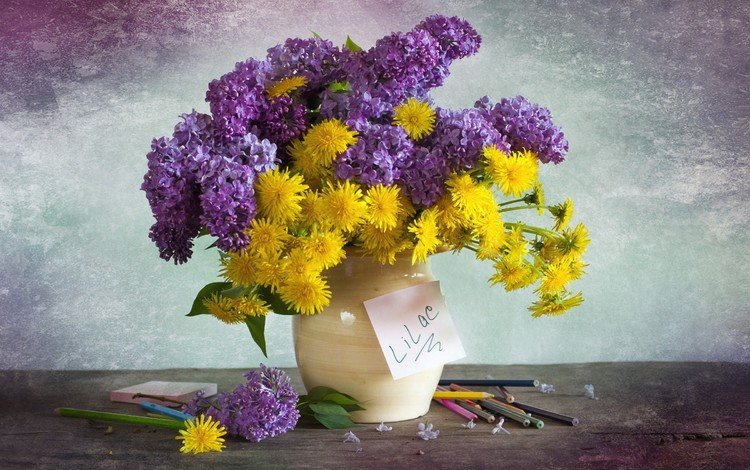 цветы, карандаши, букет, одуванчики, ваза, сирень, композиция, flowers, pencils, bouquet, dandelions, vase, lilac, composition