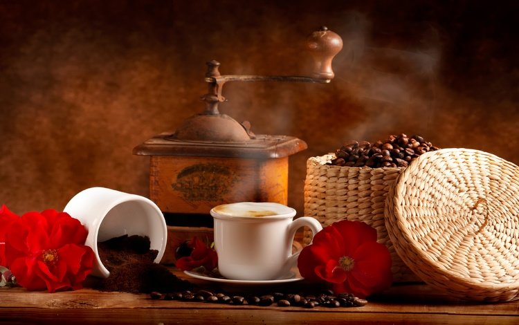 цветы, напиток, зерна, кофе, чашка, кофейные зерна, кофемолка, flowers, drink, grain, coffee, cup, coffee beans, coffee grinder
