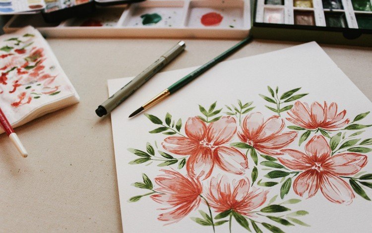 цветы, рисунок, краски, рисование, кисти, flowers, figure, paint, drawing, brush