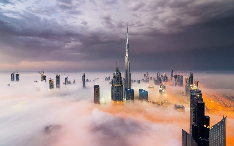 небо, облака, туман, небоскребы, дубай, оаэ, бурдж-халифа, the sky, clouds, fog, skyscrapers, dubai, uae, burj khalifa
