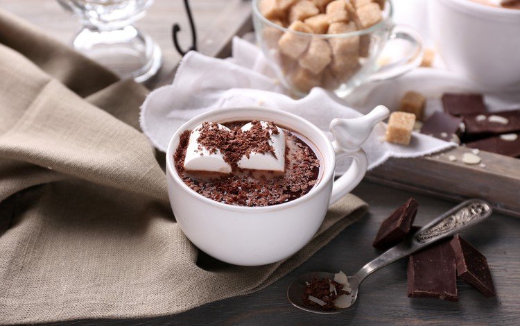 чашка, шоколад, сахар, зефир, ложка, горячий шоколад, маршмеллоу, cup, chocolate, sugar, marshmallows, spoon, hot chocolate
