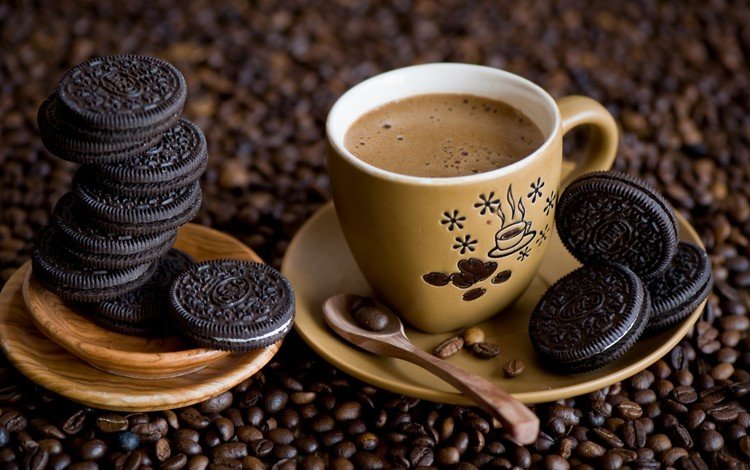 кофе, чашка, кофейные зерна, печенье, ложка, coffee, cup, coffee beans, cookies, spoon