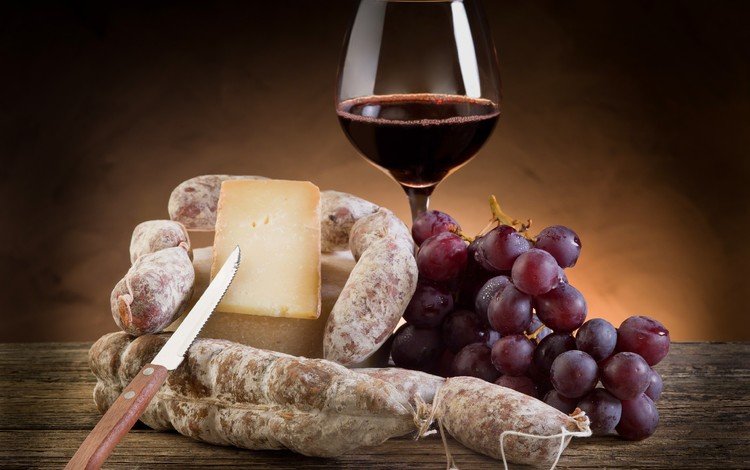 бокал, виноград., сыр, вино, нож, колбаса, натюрморт, красное вино, салями, glass, grapes., cheese, wine, knife, sausage, still life, red wine, salami
