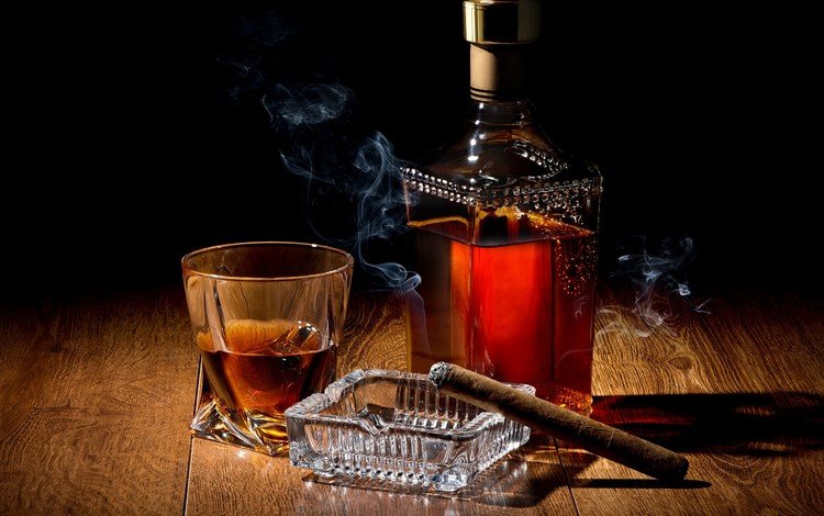 дым, натюрморт, лёд, виски, тень, пепельница, стакан, бутылка, коньяк, сигара, smoke, still life, ice, whiskey, shadow, ashtray, glass, bottle, cognac, cigar