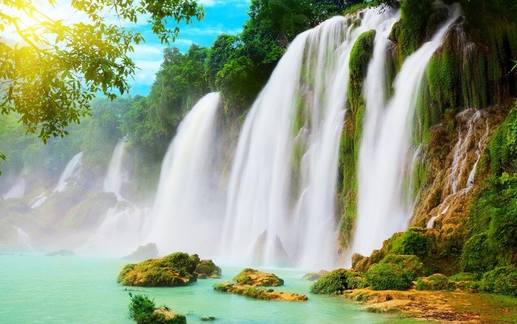 река, горы, зелень, пейзаж, водопад, river, mountains, greens, landscape, waterfall