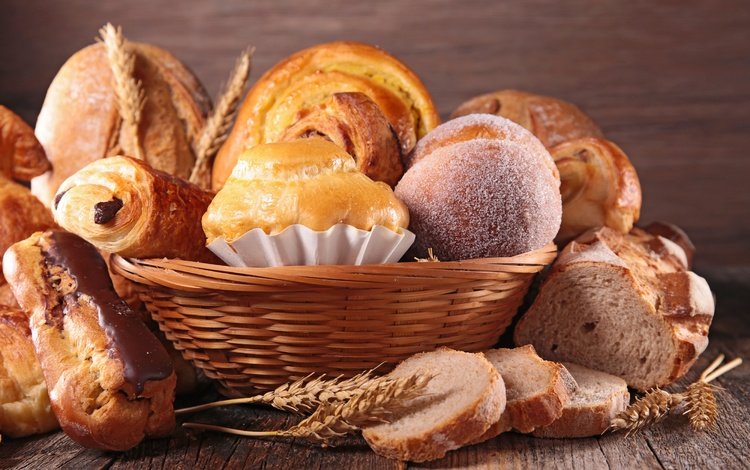 колосья, пшеница, хлеб, корзина, выпечка, булочки, сдоба, ears, wheat, bread, basket, cakes, buns, muffin