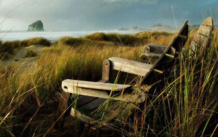 трава, берег, море, скала, кресло, осока, grass, shore, sea, rock, chair, sedge