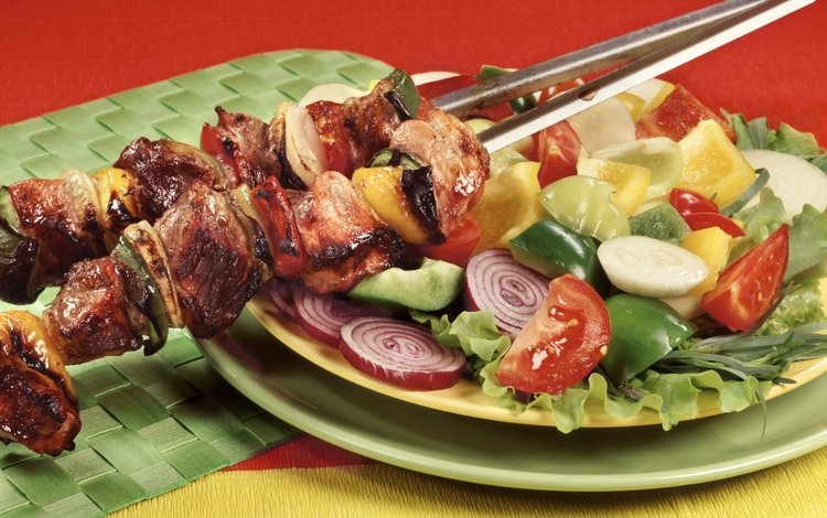 зелень, стол, овощи, мясо, плита, салат, шашлыки, greens, table, vegetables, meat, plate, salad, kebabs
