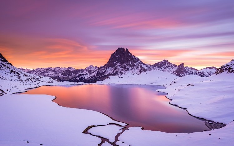 озеро, горы, природа, закат, зима, lake, mountains, nature, sunset, winter