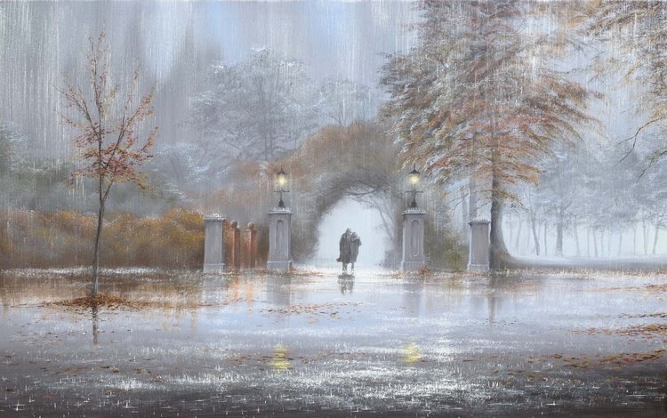 картина, парк, осень, дождь, двое, jeff rowland, picture, park, autumn, rain, two