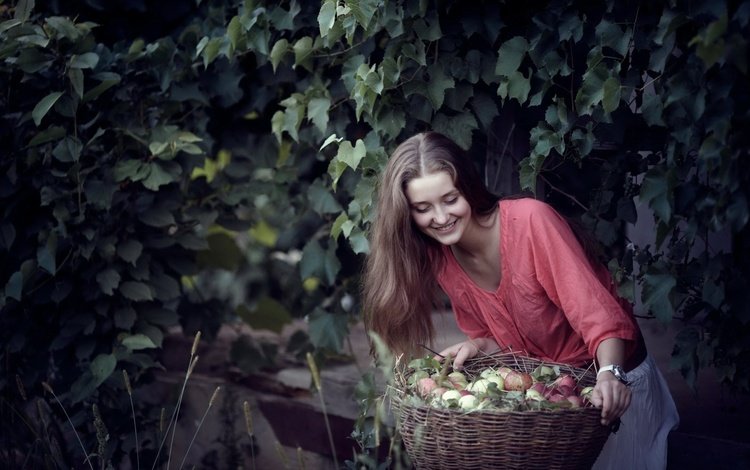 девушка, улыбка, яблоки, корзина, girl, smile, apples, basket