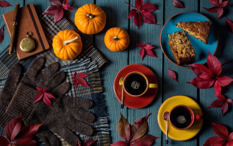 листья, пирожное, осень, marcus rodriguez, кофе, чашки, выпечка, тыквы, перчатки, натюрморт, leaves, cake, autumn, coffee, cup, cakes, pumpkin, gloves, still life