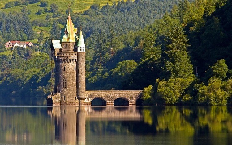 озеро, лес, отражение, башня, англия, уэльс, озеро вирнви, lake, forest, reflection, tower, england, wales, lake vyrnwy
