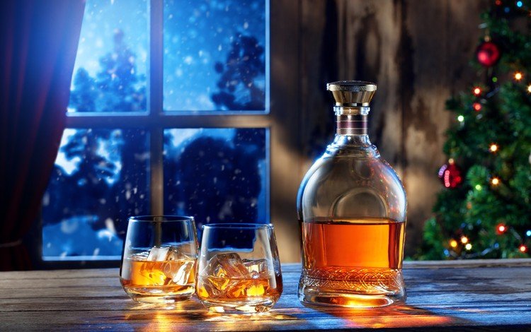 новый год, виски, елка, напиток, лёд, окно, стакан, бутылка, коньяк, new year, whiskey, tree, drink, ice, window, glass, bottle, cognac