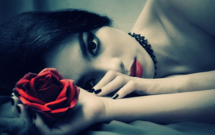 маникюр, девушка, чокер, портрет, брюнетка, взгляд, модель, лицо, красная помада, красная роза, manicure, girl, choker, portrait, brunette, look, model, face, red lipstick, red rose