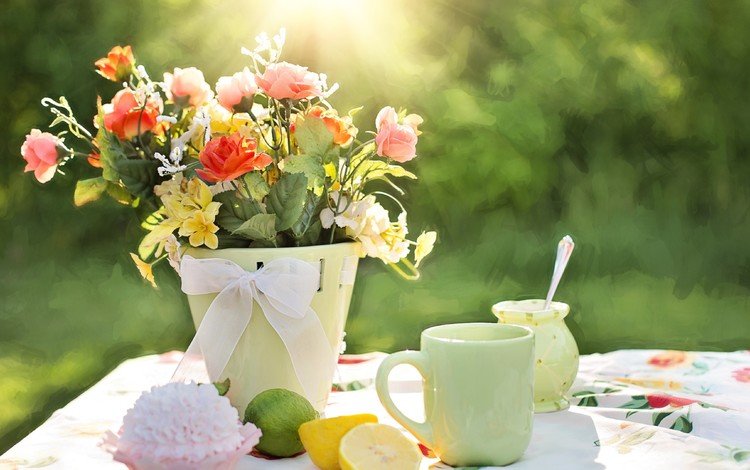 цветы, утро, лимон, букет, чай, пирожное, flowers, morning, lemon, bouquet, tea, cake