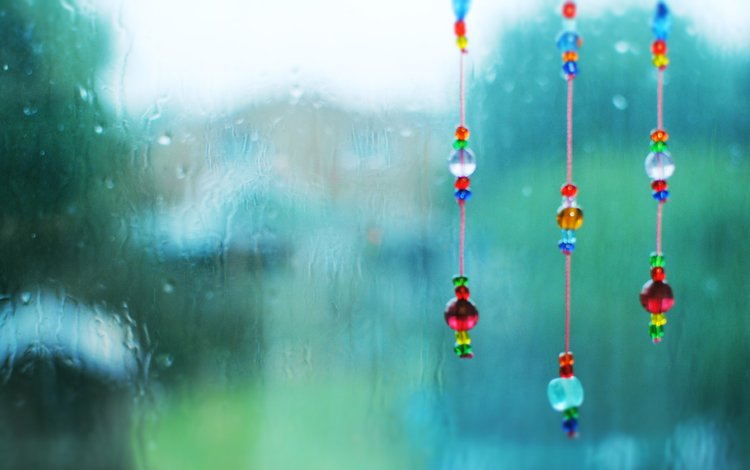 капли, дождь, стекло, нитки, капли дождя, бусинки, бисер, drops, rain, glass, thread, raindrops, beads