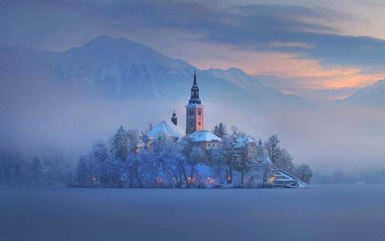 озеро, горы, снег, зима, туман, словения, бледское озеро, lake, mountains, snow, winter, fog, slovenia, lake bled