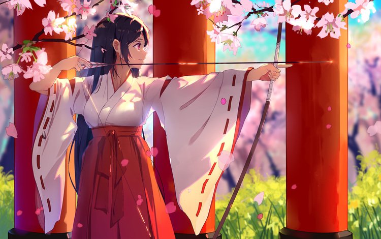 тории, miko, аниме девочка, лучник, sakura blossom, shrine, torii, anime girl, archer