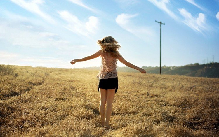 небо, трава, девушка, настроение, поле, ветер, длинные волосы, the sky, grass, girl, mood, field, the wind, long hair