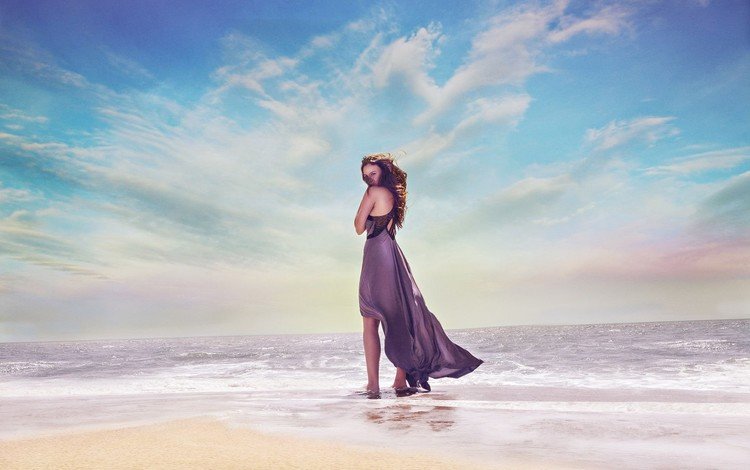 небо, горизонт, облака, взгляд, девушка, лицо, море, платье, поза, песок, пляж, the sky, horizon, clouds, look, girl, face, sea, dress, pose, sand, beach
