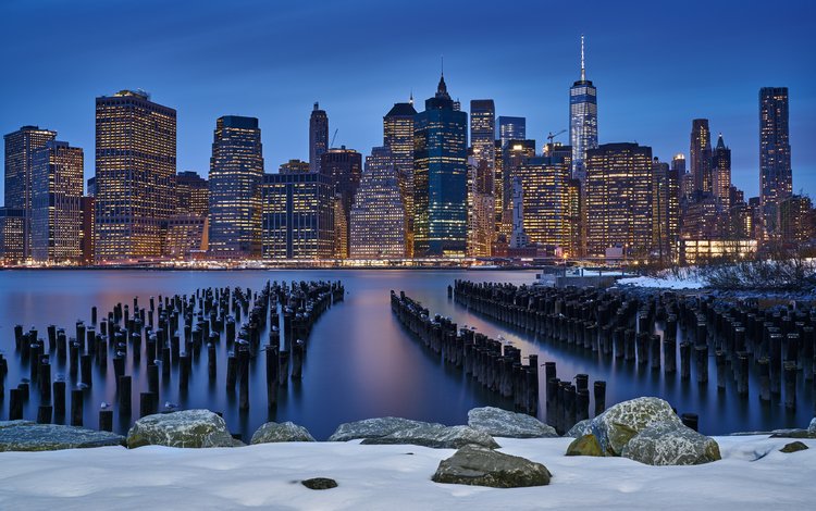 небо, нью-йорк, ночь, манхэттен, вода, зима, город, небоскребы, залив, сша, the sky, new york, night, manhattan, water, winter, the city, skyscrapers, bay, usa