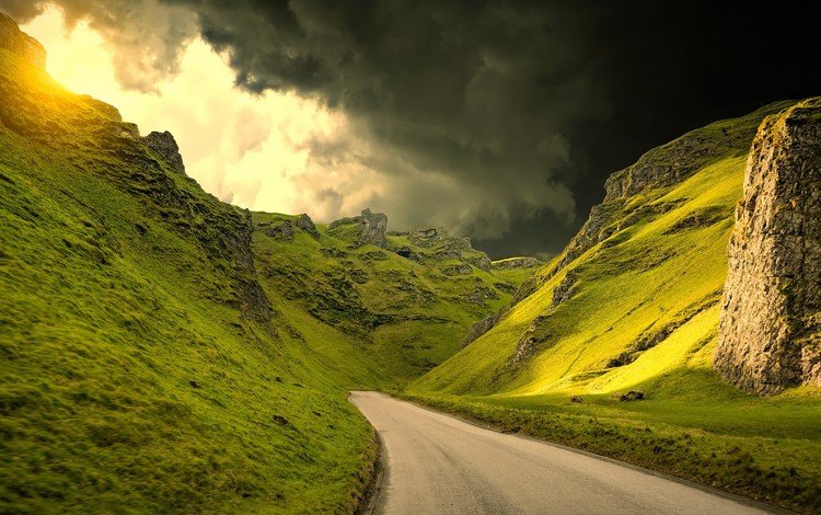 дорога, трава, горы, холмы, тучи, горная дорога, грозовые облака, road, grass, mountains, hills, clouds, mountain road