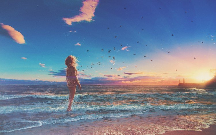 берег, ветер, волны, закат, девушка, море, пляж, горизонт, птицы, shore, the wind, wave, sunset, girl, sea, beach, horizon, birds