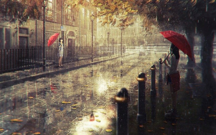 аниме, дождь, зонт, зонтик, городской пейзаж, аниме девушки, anime, rain, umbrella, the urban landscape, anime girls