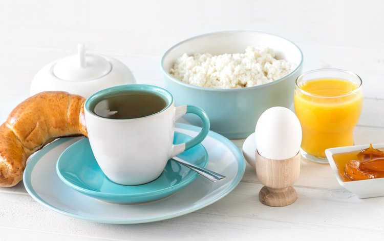 кофе, чашка, завтрак, яйцо, сок, творог, булочка, coffee, cup, breakfast, egg, juice, cheese, bun