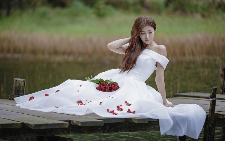 река, мостик, розы, азиатка, белое платье, длинные волосы, river, the bridge, roses, asian, white dress, long hair