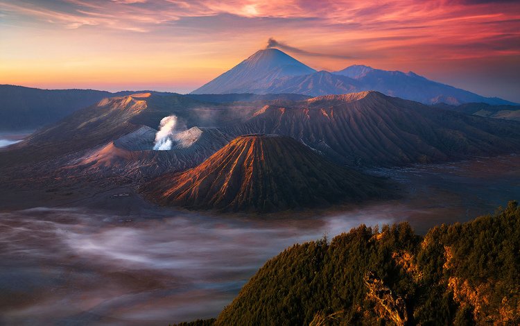 горы, бромо, восход, jawa, природа, закат, туман, вулкан, индонезия, ява, mountains, bromo, sunrise, nature, sunset, fog, the volcano, indonesia, java