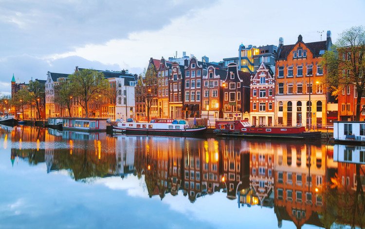 река, отражение, город, дома, нидерланды, амстердам, river, reflection, the city, home, netherlands, amsterdam