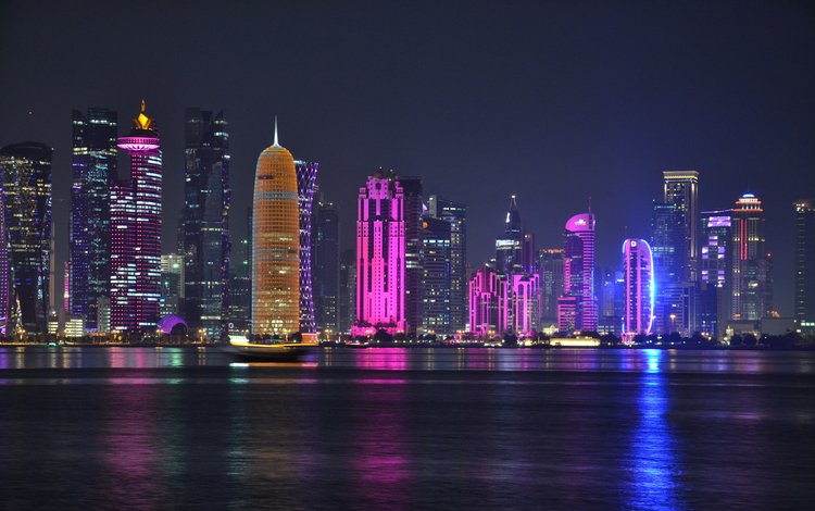 ночь, огни, город, небоскребы, катар, доха, night, lights, the city, skyscrapers, qatar, doha
