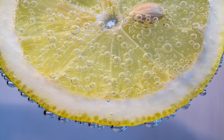 капли, лимон, пузырьки, долька, крупным планом, drops, lemon, bubbles, slice, closeup