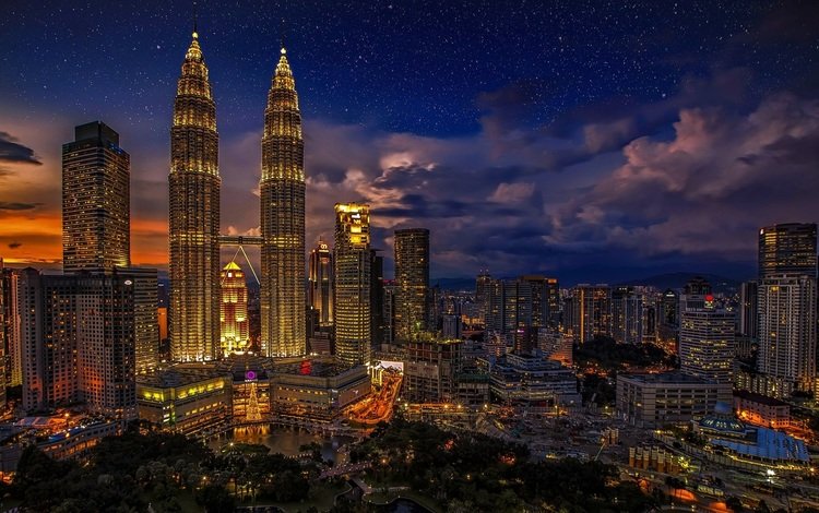ночь, небоскребы, мегаполис, малайзия, куала-лумпур, башни петронас, night, skyscrapers, megapolis, malaysia, kuala lumpur, petronas twin towers
