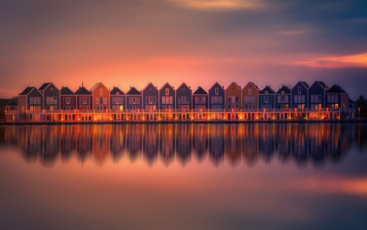 огни, вода, закат, отражение, дома, нидерланды, lights, water, sunset, reflection, home, netherlands